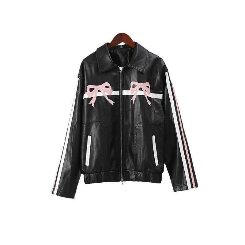 Leather Jacket Personalized Street Sweet Cool Bow