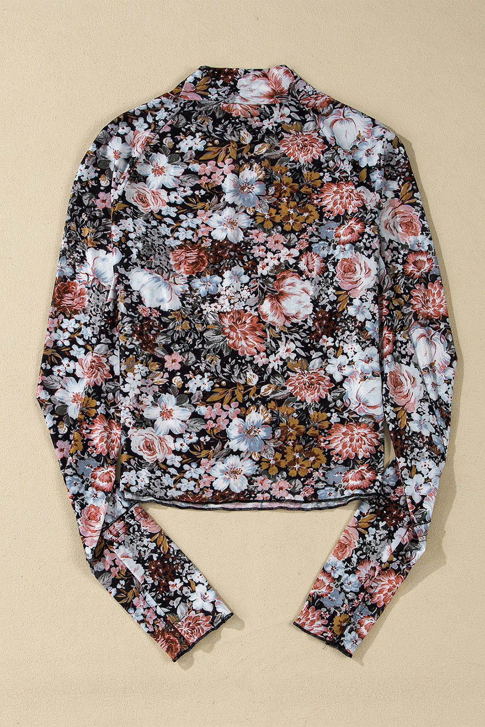Pink Floral Print Mesh Mock Neck Slim