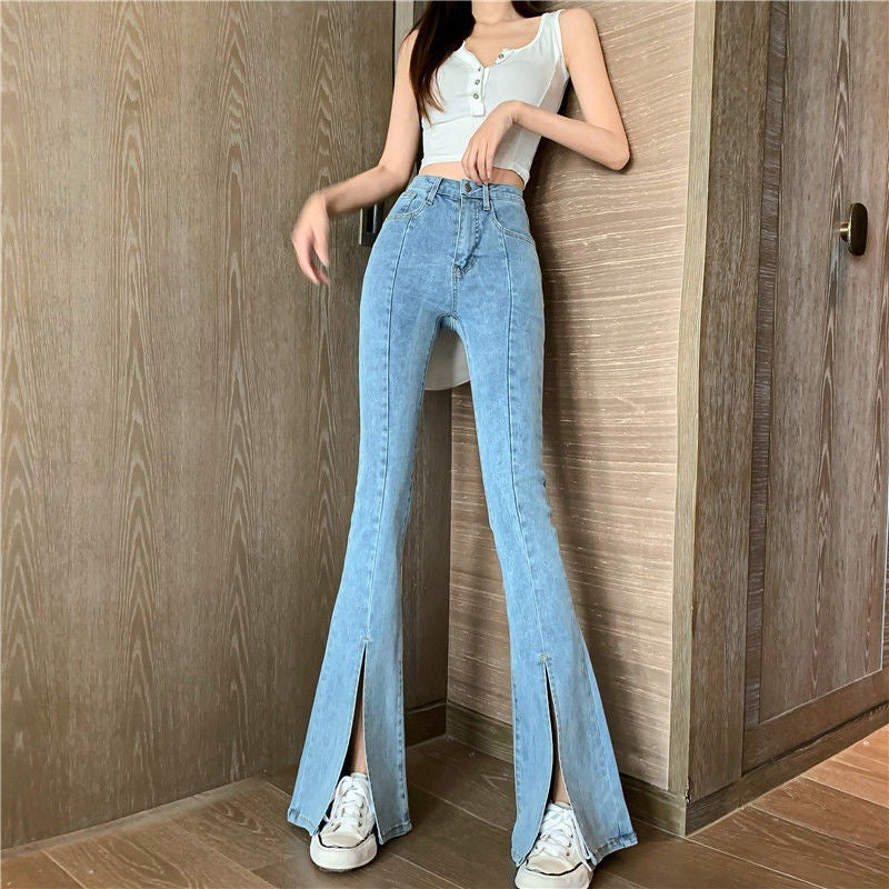 Women's High Waist Slit Jeans Micro Flared Pants