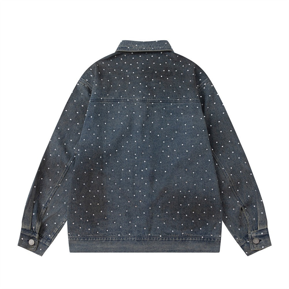 Hot diamond full print denim jacket distressed and dirty loose jacket