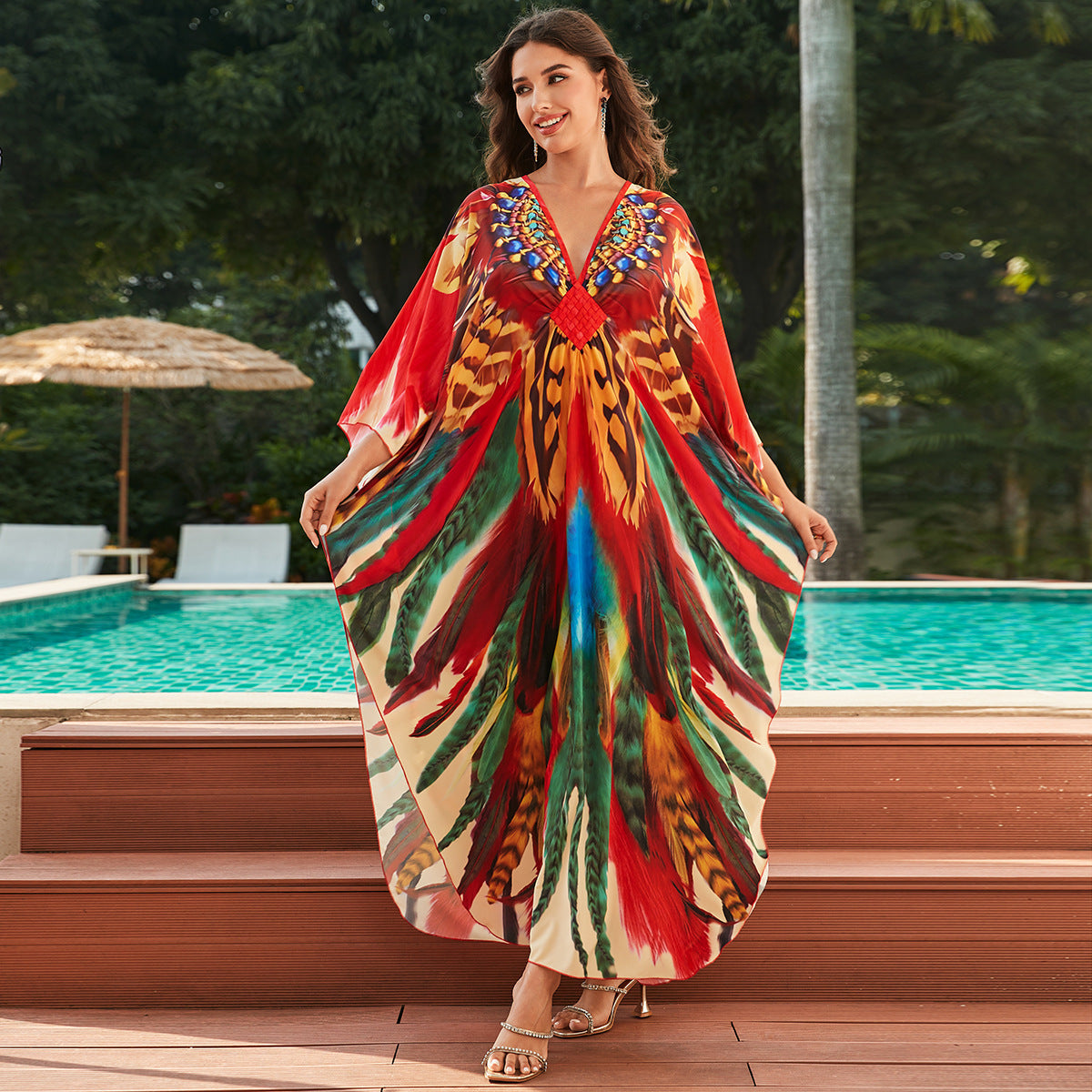 European And American Printed Chest Woven Beach Cover-up