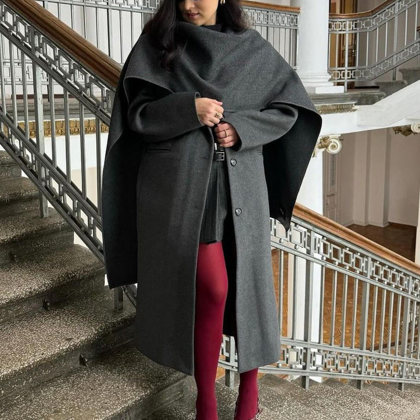 Scarf colla coat cloak long vintage coat gray fashion jacket