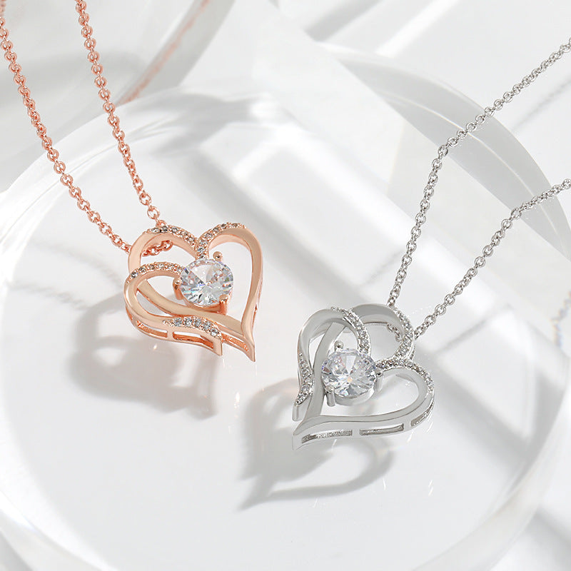 Double Love Necklace With Rhinestones Heart-shaped Necklace