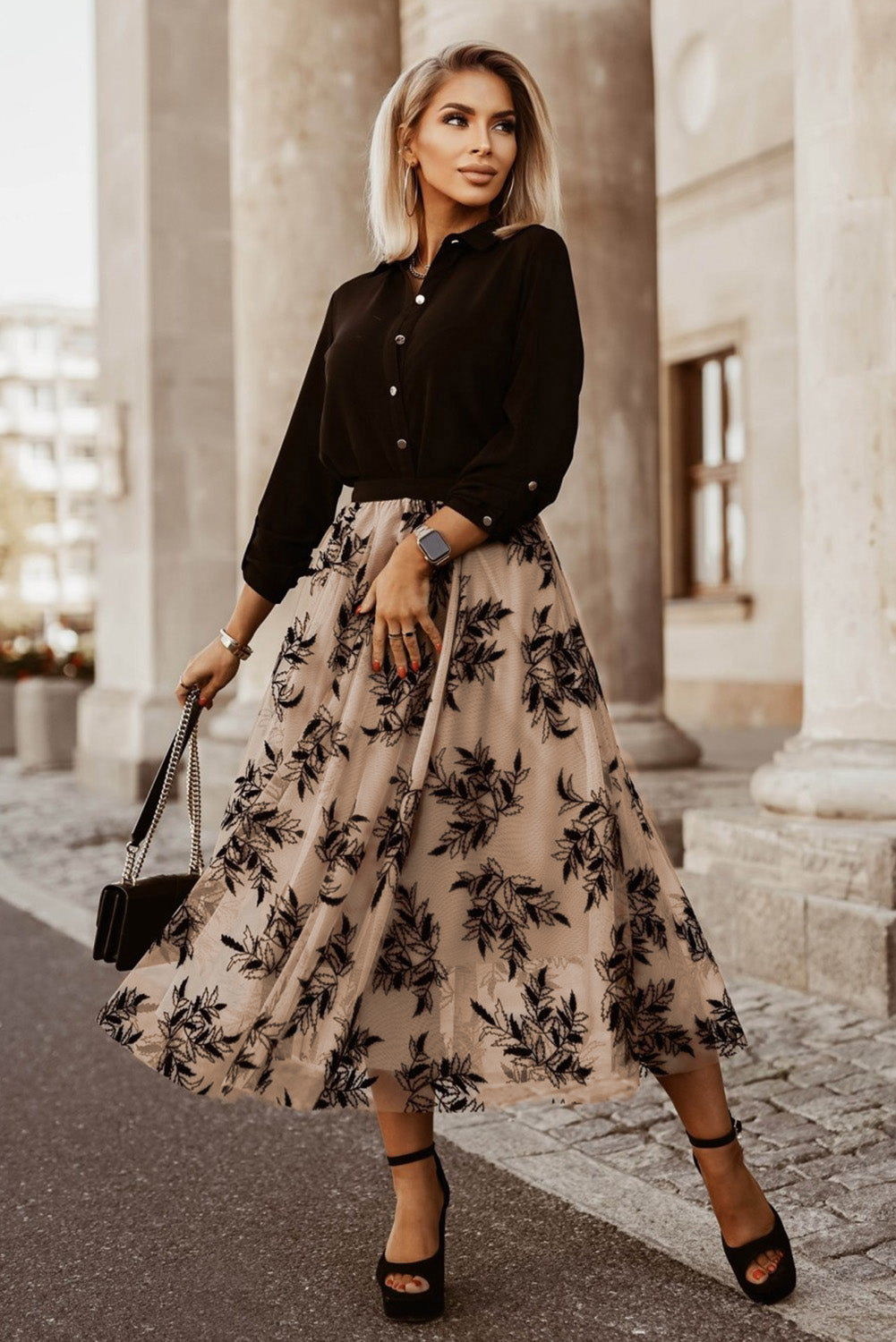 Maxirock mit hoher Taille und Blumenstickereien in Pfirsichblüten-Optik