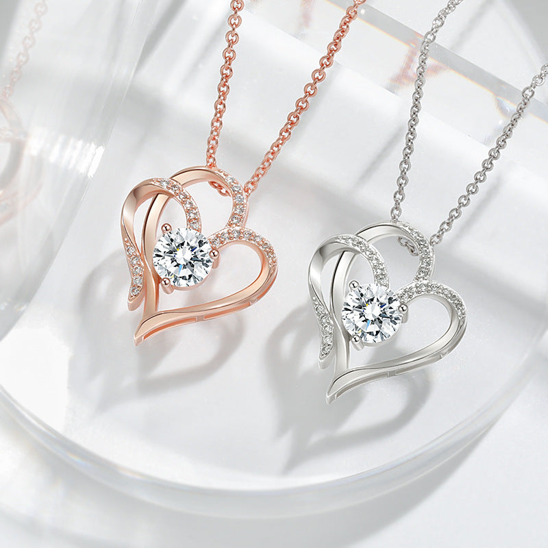Double Love Necklace With Rhinestones Heart-shaped Necklace