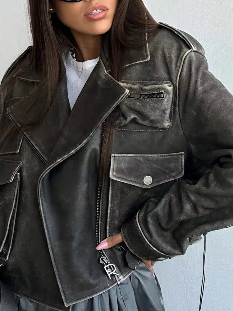 Streetwear Leather Patchwork Pockets Jackets