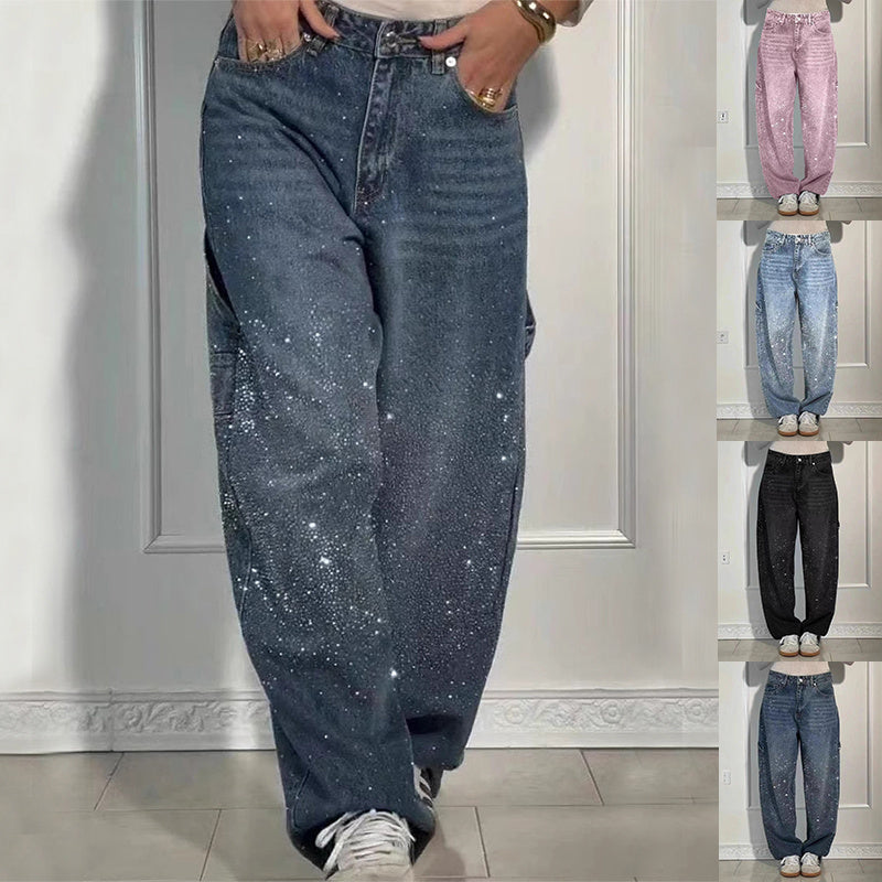 Shiny Jeans With Pockets Fashion Wide-leg Street-style
