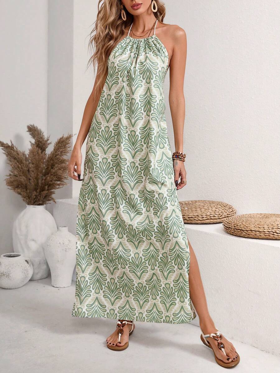Women's Halter Tassel Lace-up Backless Slit Holiday Dress