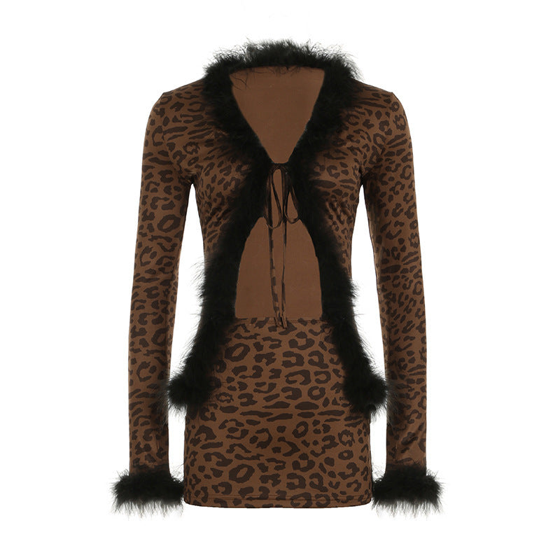 Leopard Print Fur Collar Long Sleeve Sets
