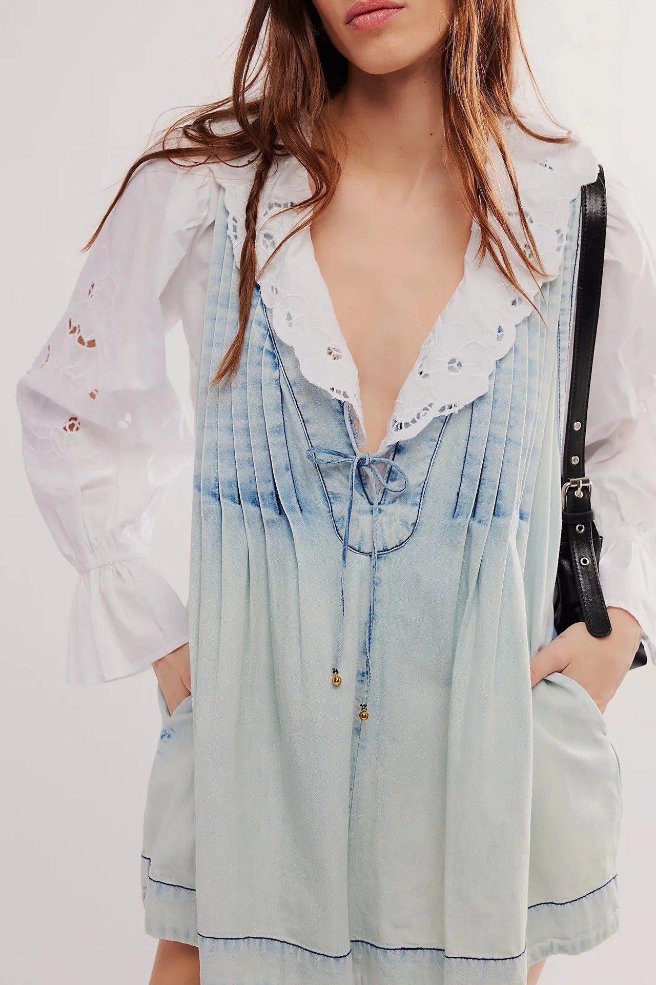 V-neck Denim Shorts Jumpsuit With Pockets Loose Beach Pants