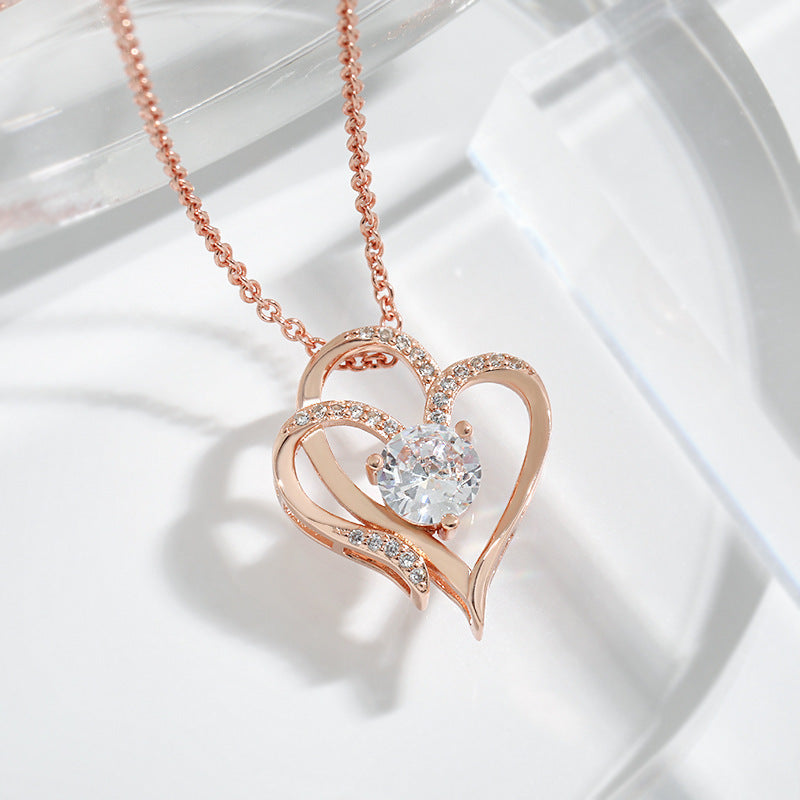 Double Love Necklace With Rhinestones Heart-shaped Necklace