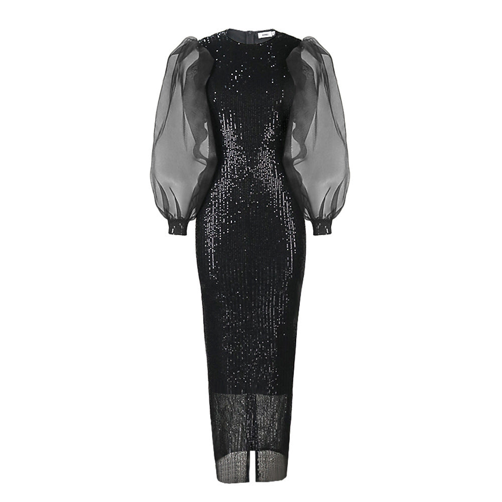 Sequin Mesh Long-sleeve dress