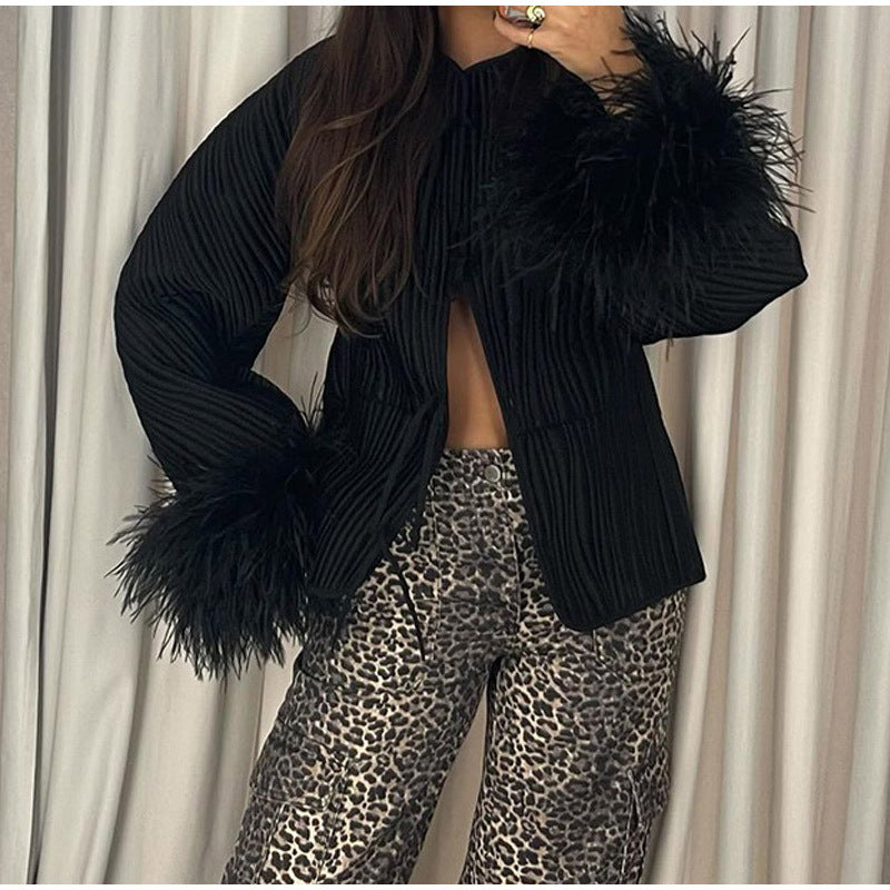 Solid color lace up feather jacket