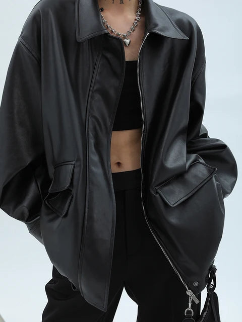 Solid Leather Jackets Zipper Vintage