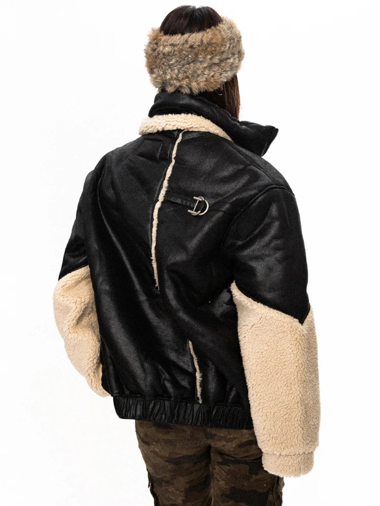 Leather Spliced Lamb Wool Padded Coat Vintage