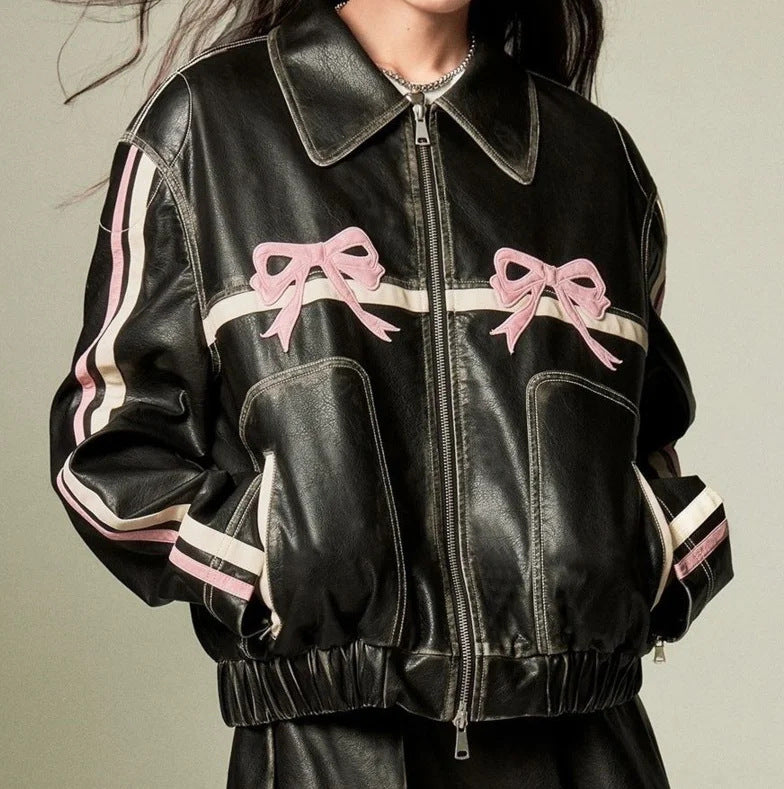 Leather Jacket Personalized Street Sweet Cool Bow