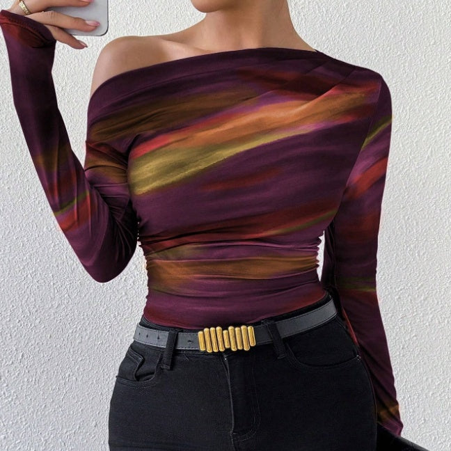 Print Long Sleeve Off-Shoulder Graphic Tops