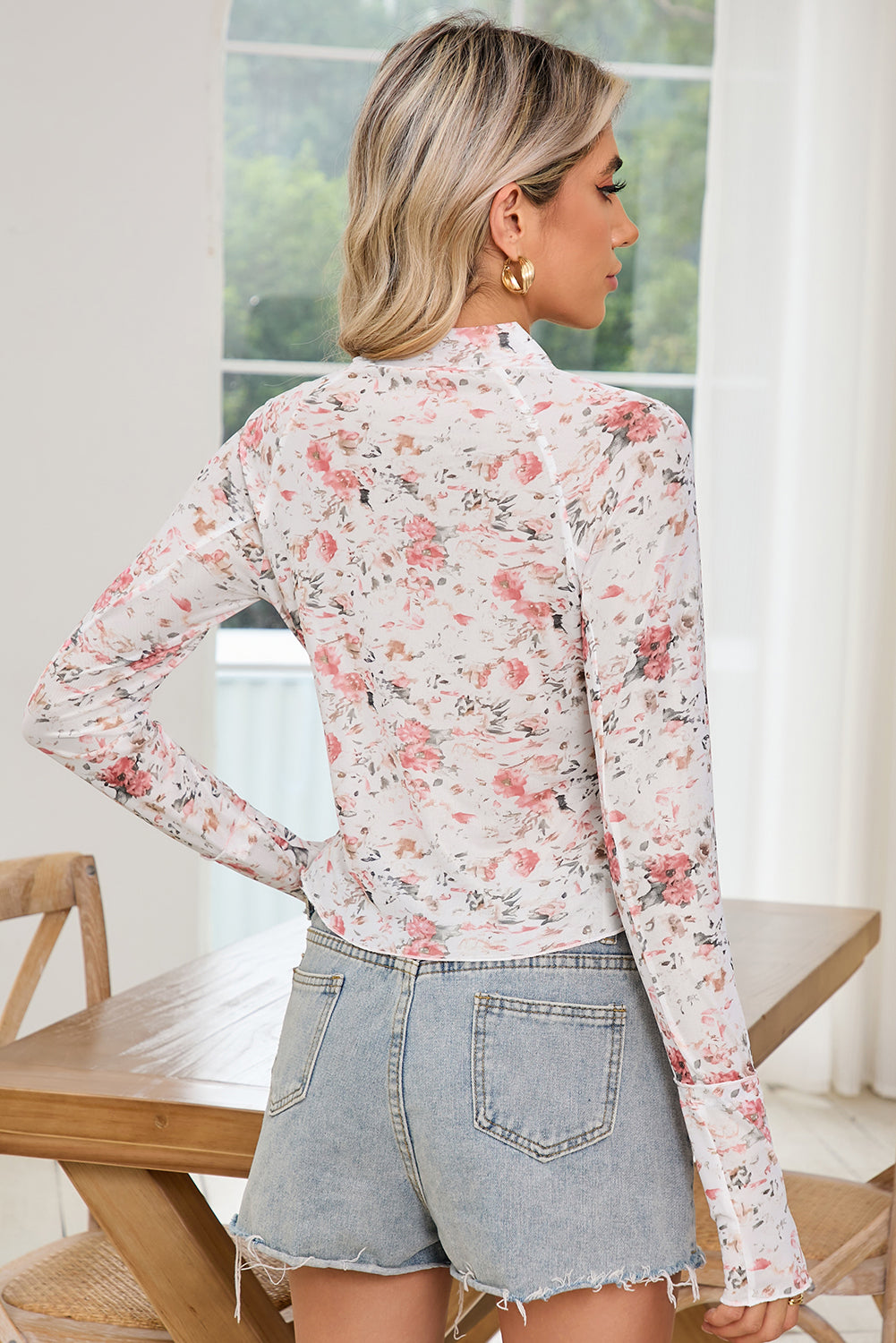 Pink Floral Print Mesh Mock Neck Slim