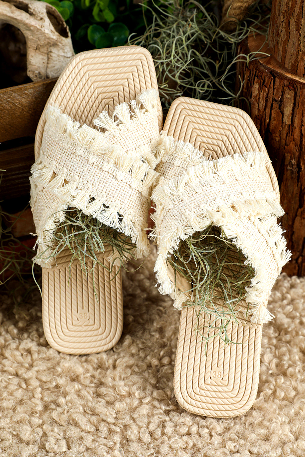 Beige Tassel Woven Crossed Straps Slippers