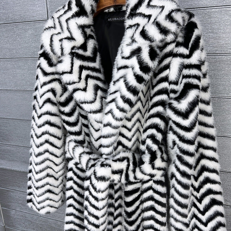 Super Long Faux Fur Coat Luxury Striped Furry Jacket