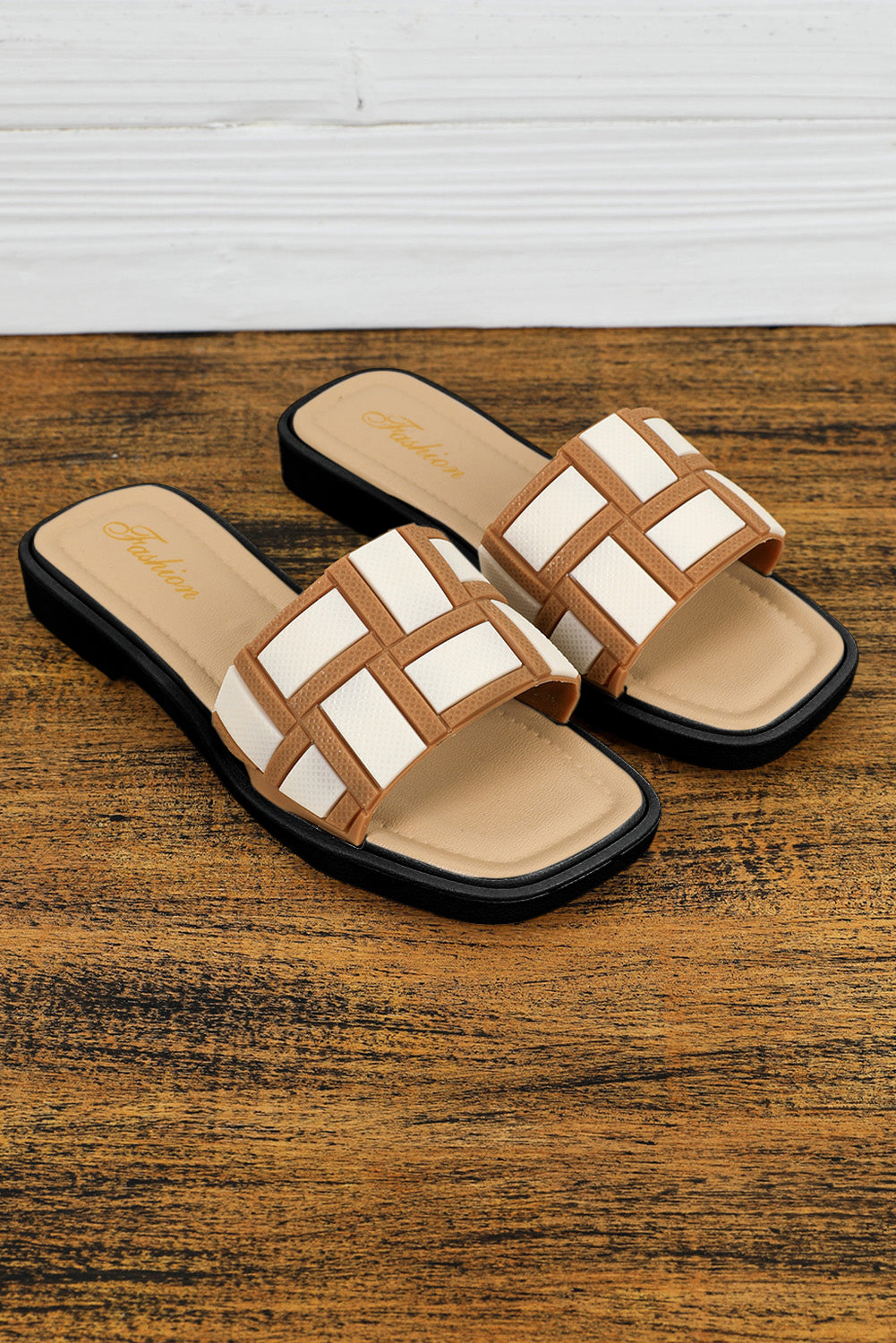 Beige Leather Square Toe Slippers
