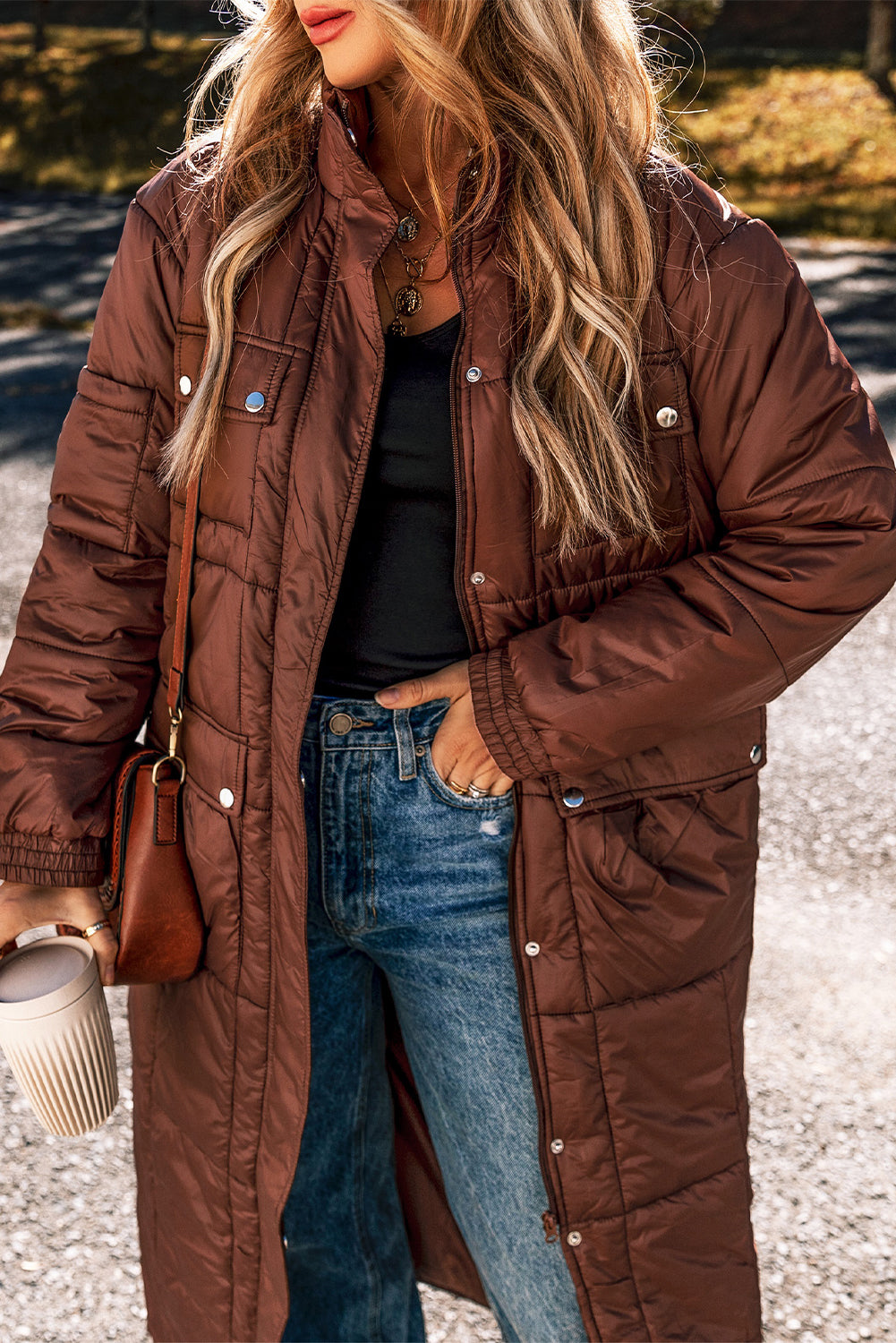 Coffee Quilted Puffer Zipped Mid-length Coat