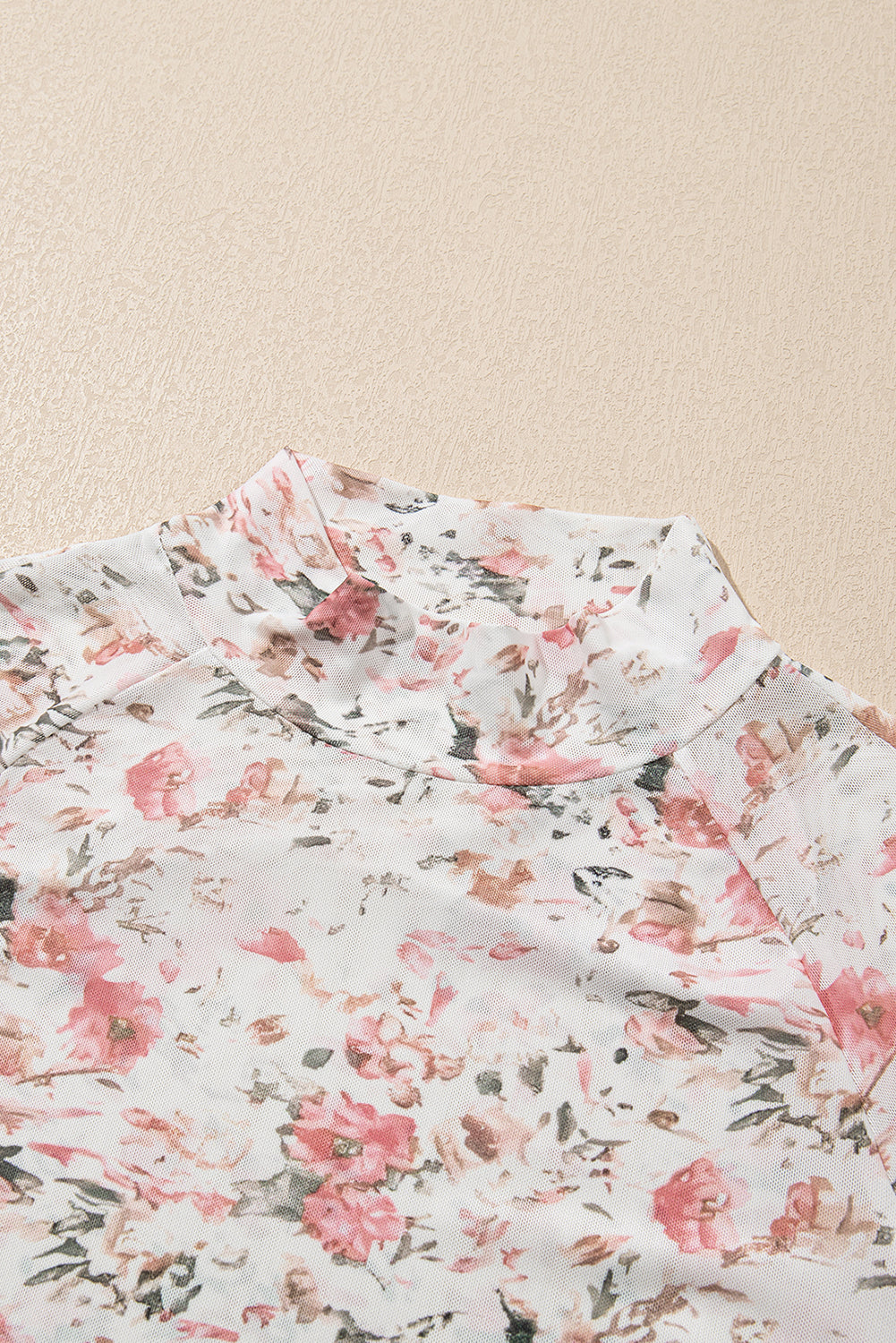 Pink Floral Print Mesh Mock Neck Slim
