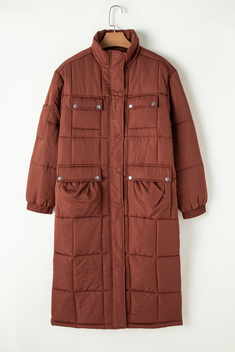 Coffee Quilted Puffer Zipped Mid-length Coat