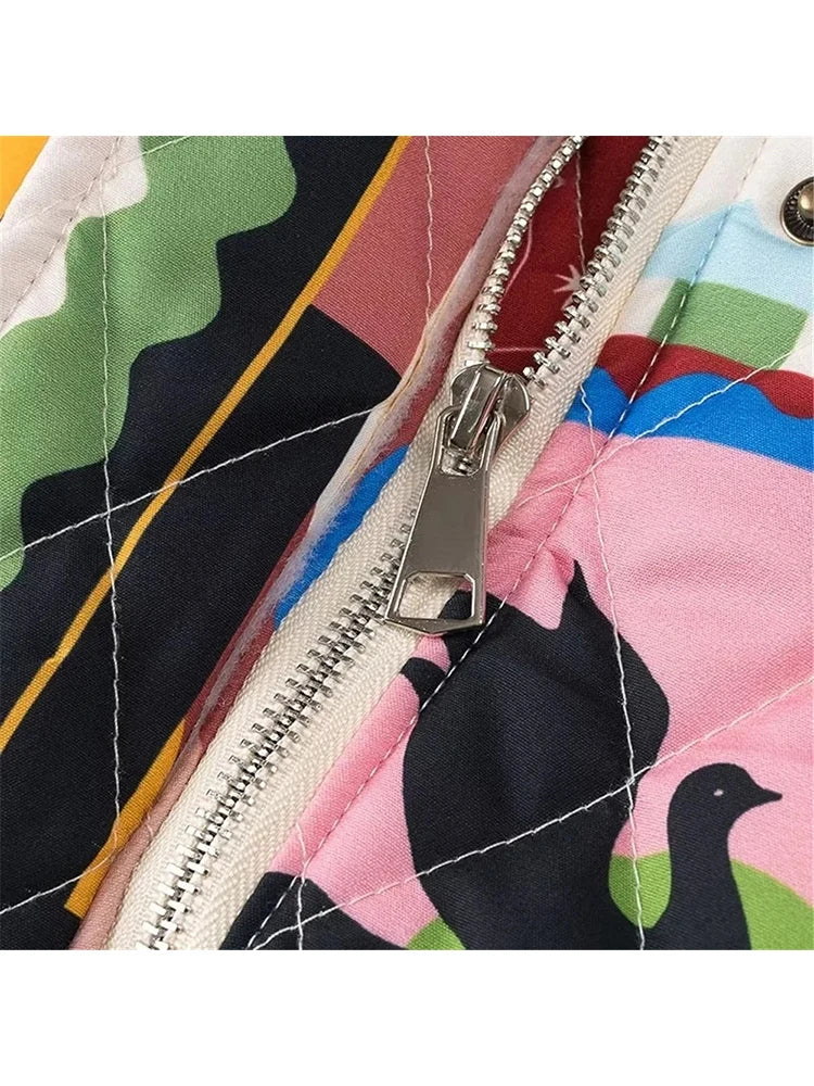 Graffiti print lapel single breasted loose cotton jacket for women