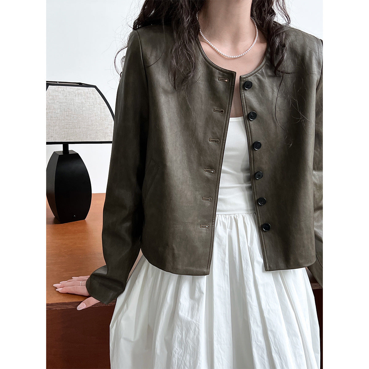 Vintage round neck leather jacket
