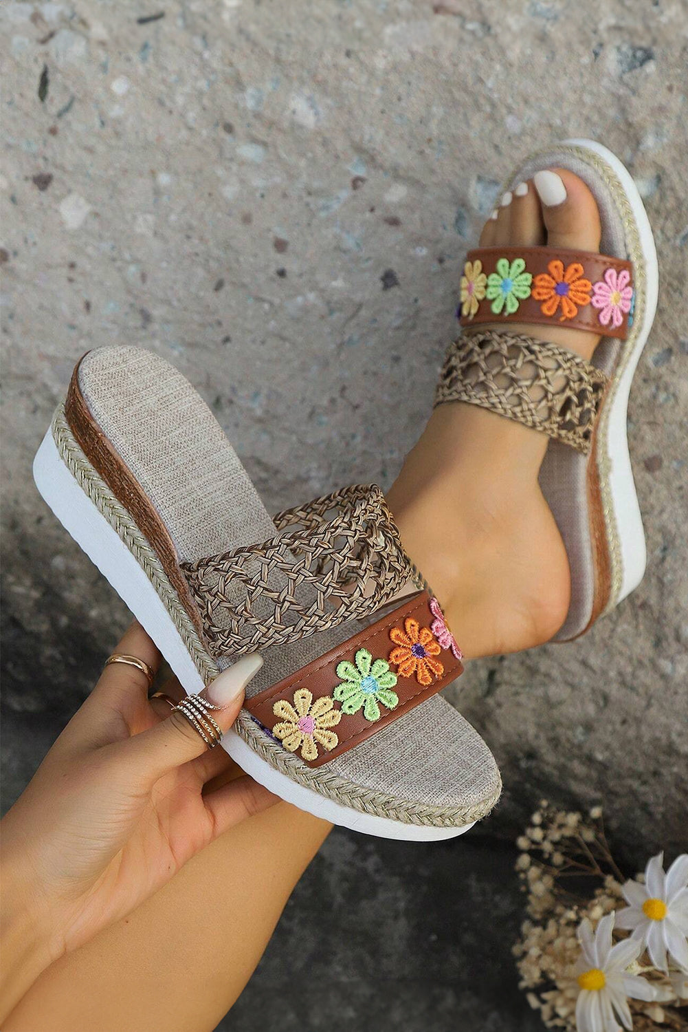 White Floral Wedge Slippers
