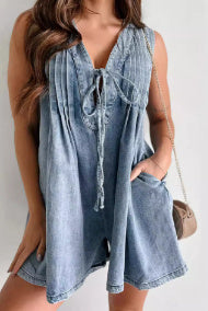 V-neck Denim Shorts Jumpsuit With Pockets Loose Beach Pants