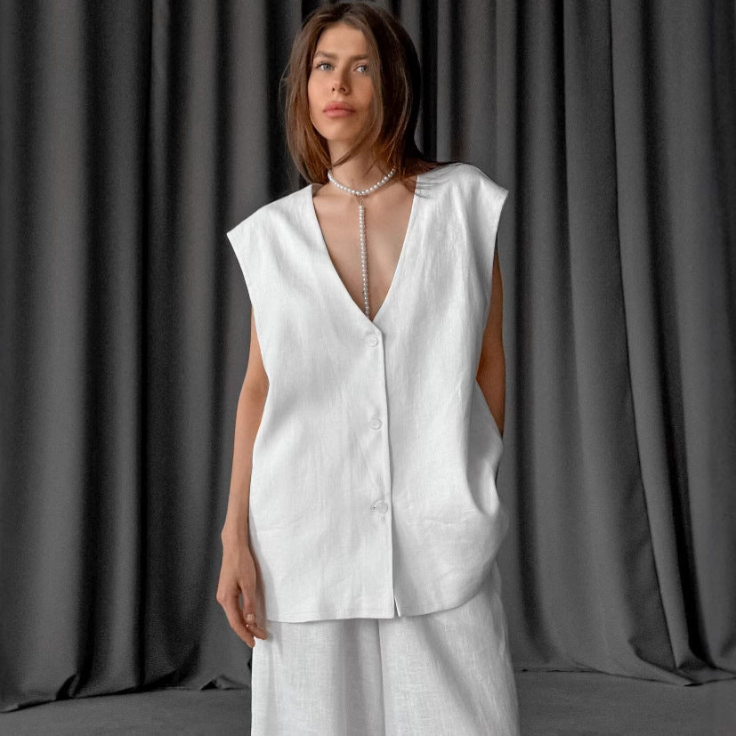 White V-neck Cotton And Linen Sleeveless Pants Suit