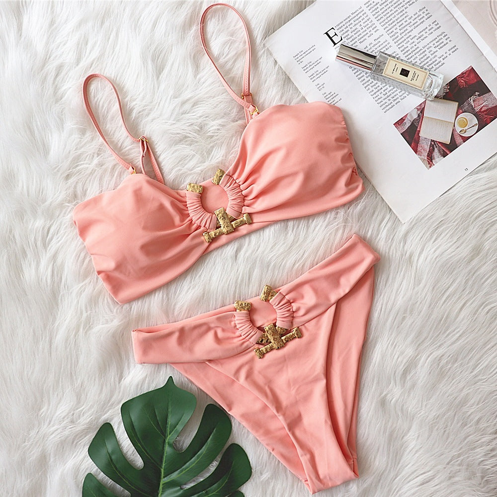 Solid Color with Metal Accessories Swimsuit
