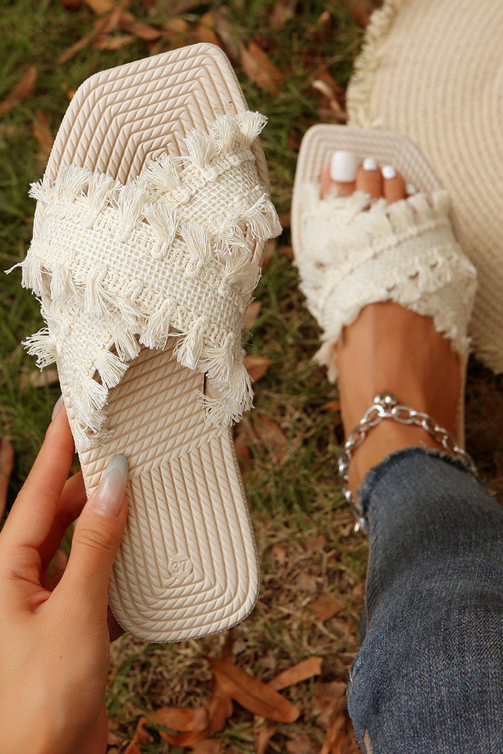 Beige Tassel Woven Crossed Straps Slippers