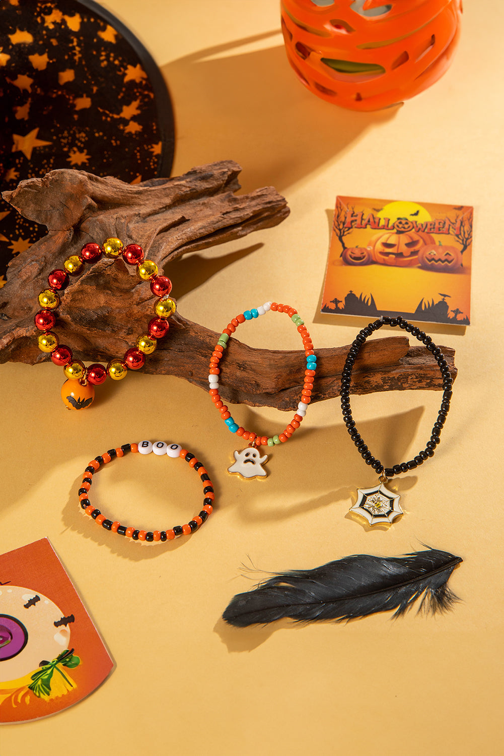 Juego de 4 pulseras de cuentas con telaraña fantasma de Halloween de color naranja