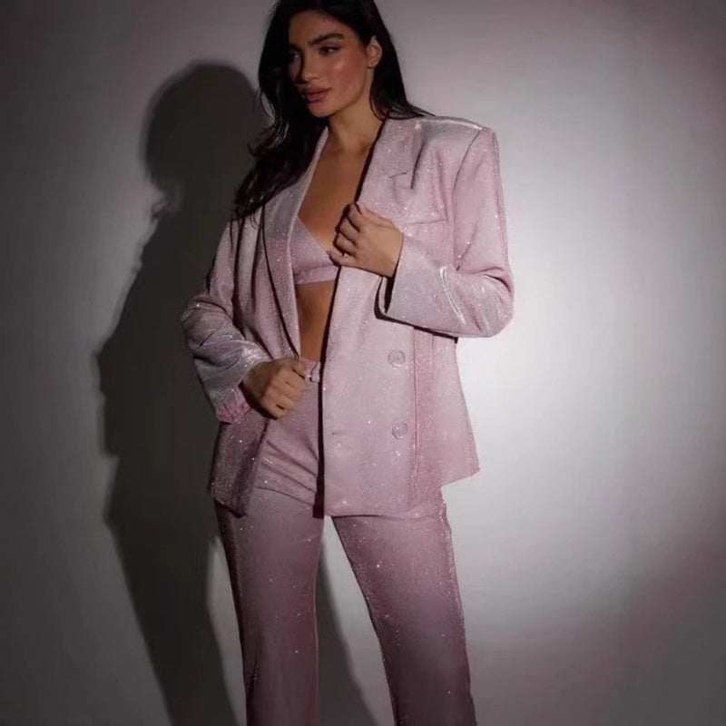 3pcs Pant Suit With Bra Shiny set For Women