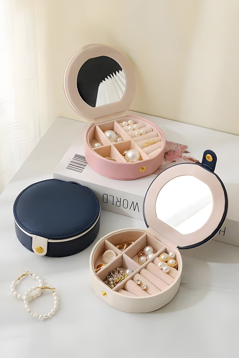 Hellrosa Schmuck-Organizer-Etuis mit Spiegel