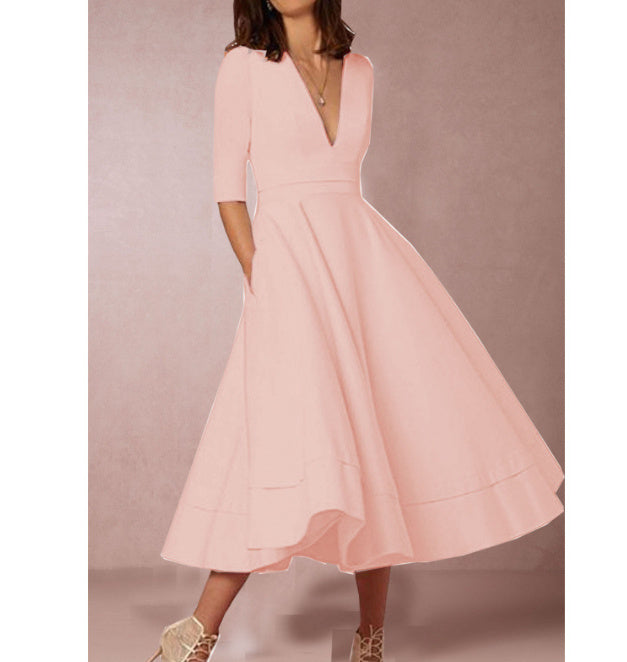V-neck Dresses Retro 60s Swing Sleeve