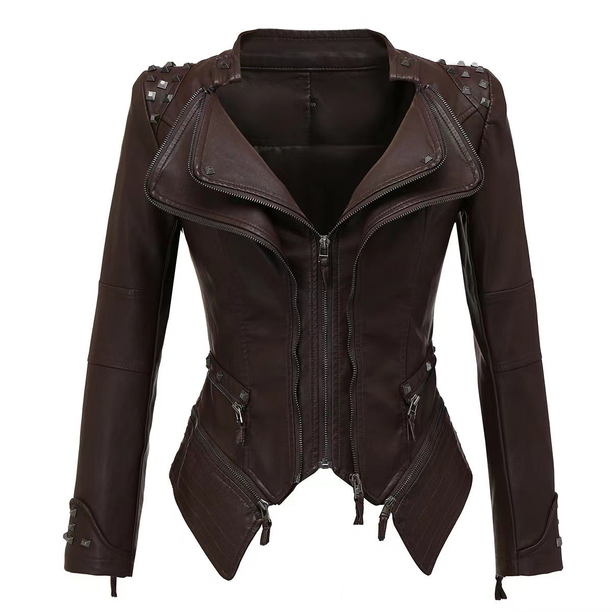 Tailed slim fit waist versatile jacket motorcycle willow nail leather jacket