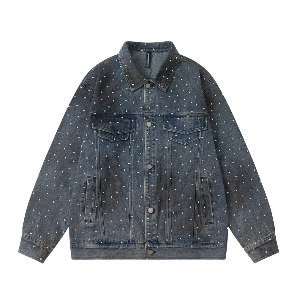 Hot diamond full print denim jacket distressed and dirty loose jacket