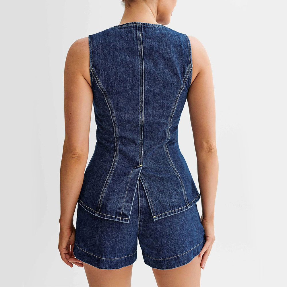 Fashion Denim Suit Casual Button Vest and High Waist Shorts Set