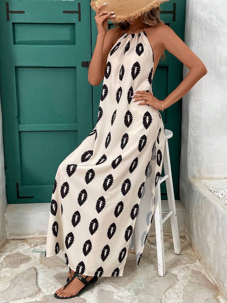 Women's Halter Tassel Lace-up Backless Slit Holiday Dress