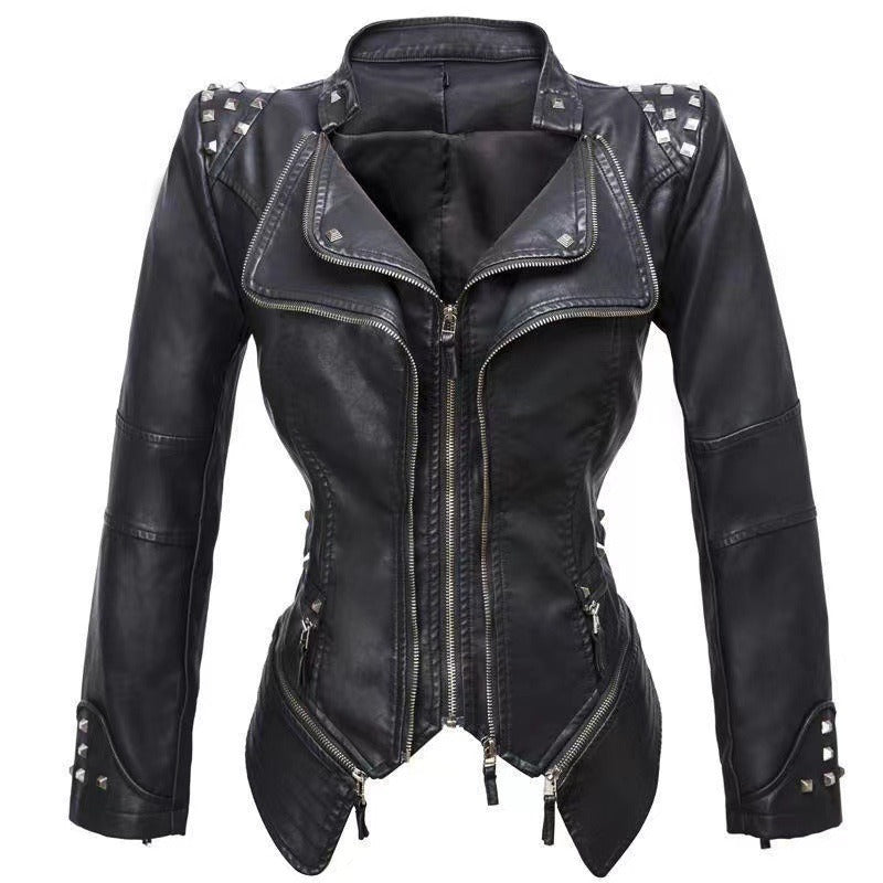 Tailed slim fit waist versatile jacket motorcycle willow nail leather jacket