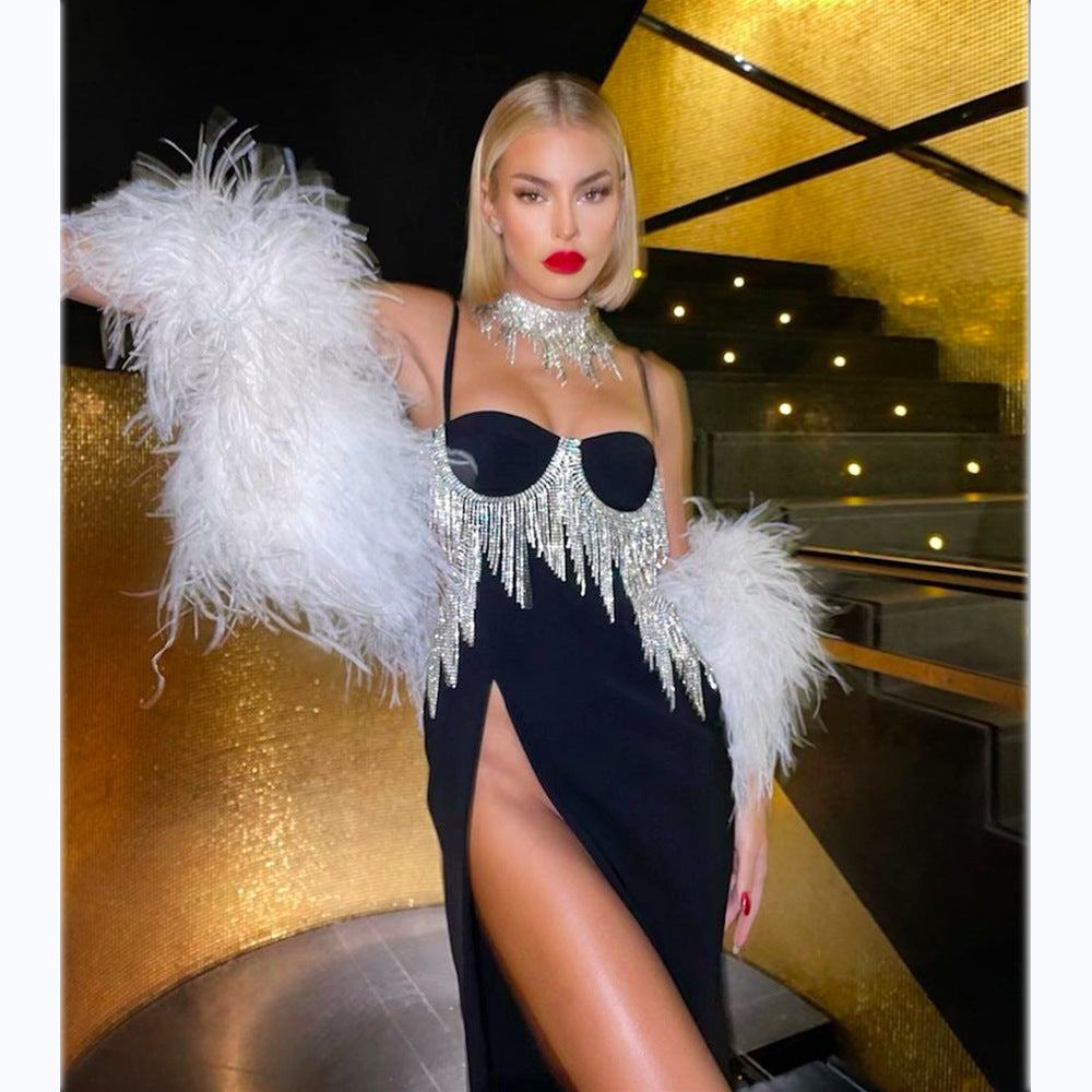 High-End Diamond Tassel Sexy Slit Dress Women