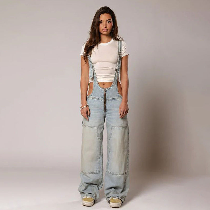 Y2K Zipper Denim Overalls Jumpsuit Jeans