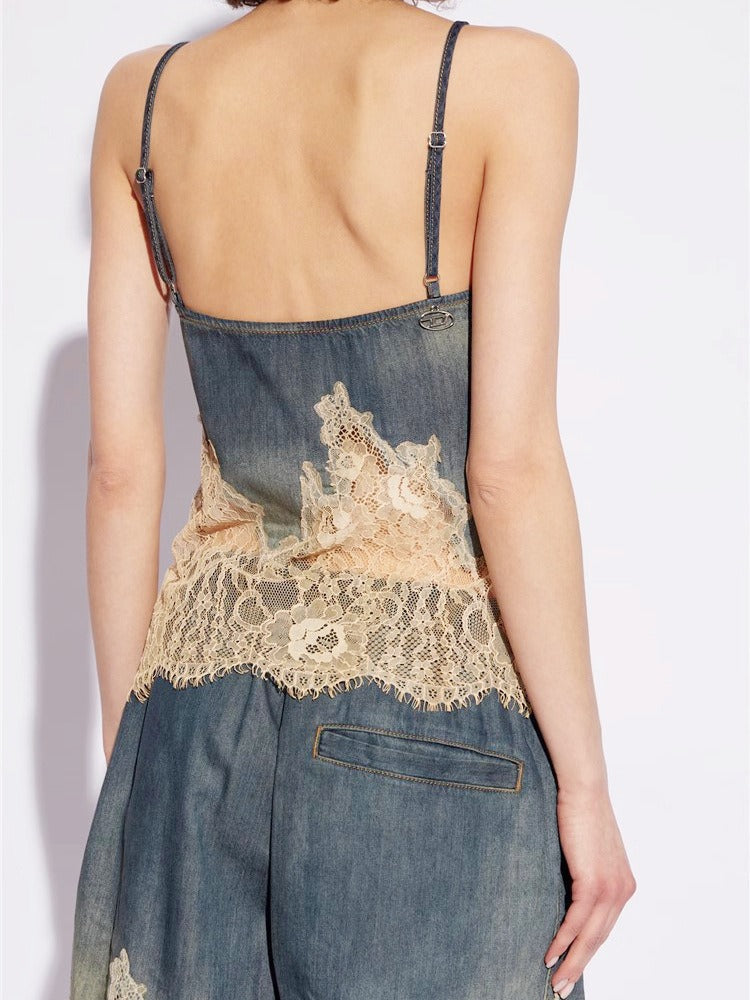 Spicy Girl Lace Splice Soft Face Denim Sling Shorts Set