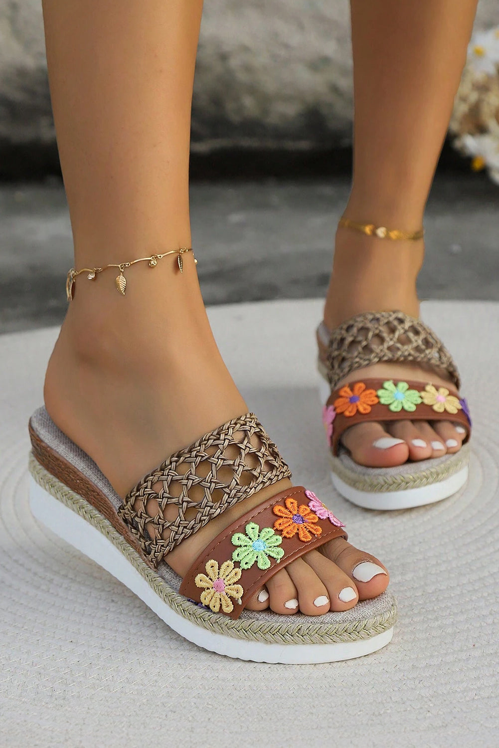 White Floral Wedge Slippers