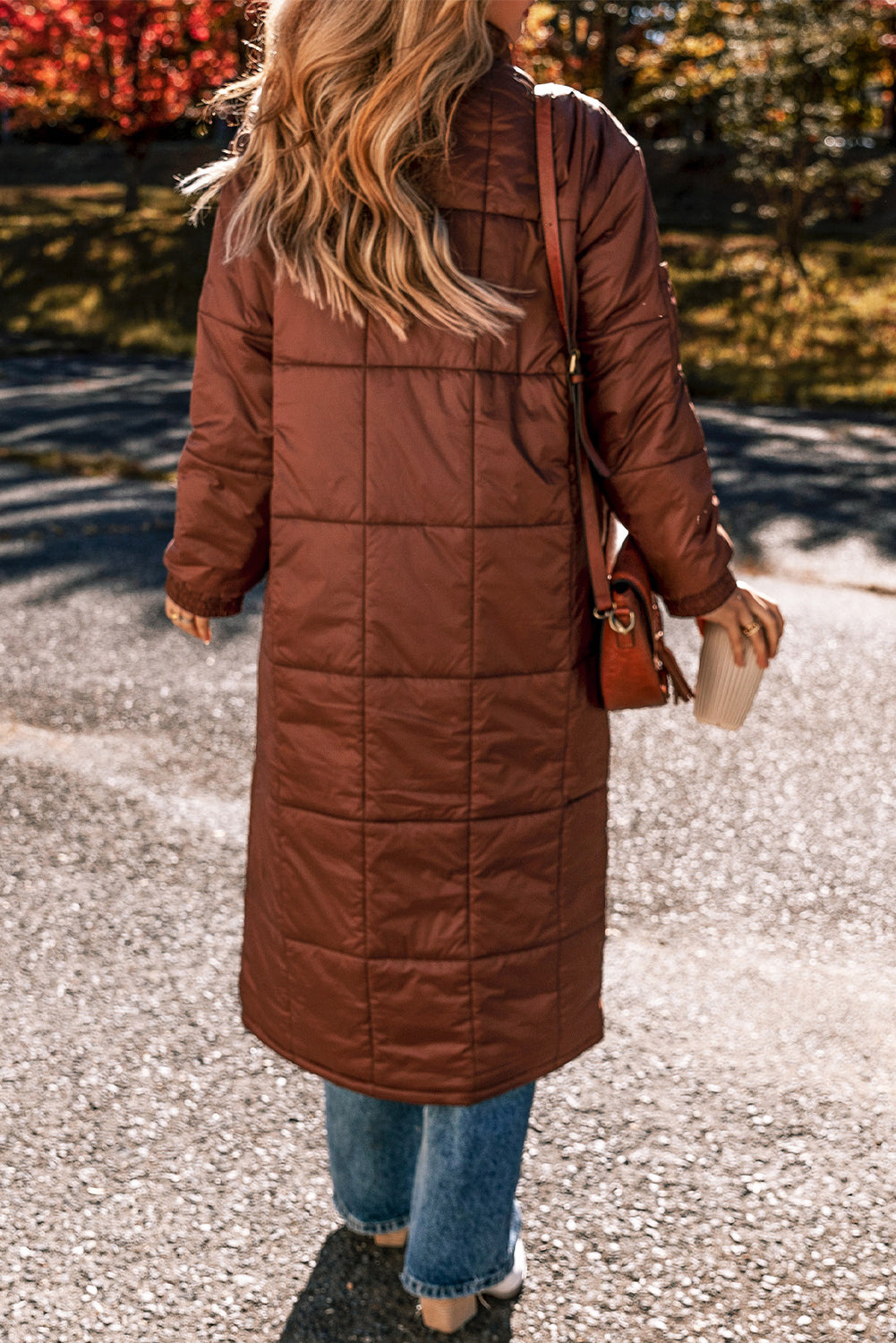 Coffee Quilted Puffer Zipped Mid-length Coat