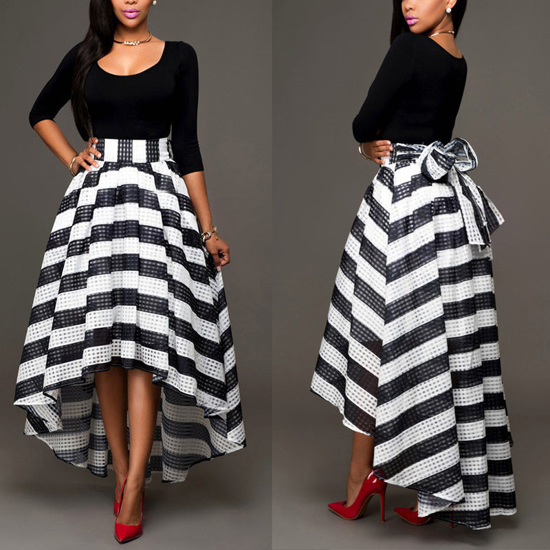 Two-piece suit skirt long-sleeved shirt and striped skirt